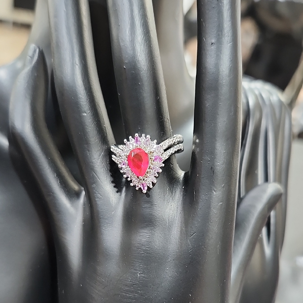 LAB CREATED DARK PINK SAPPHIRE FUSED WITH GENUINE QUARTZ RING